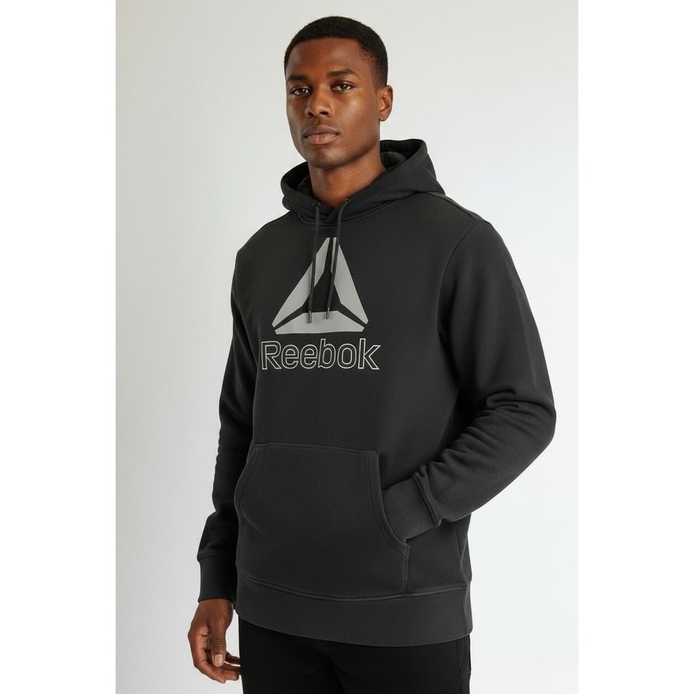 Reebok Mens Large Black Pullover Fleece Hoodie Logo Graphic REM224FH04F